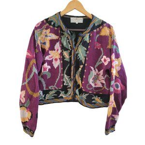 Peruvian Connection pink Black Cardigan sweater Hand knit pima Cotton size Small